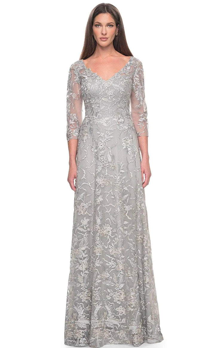Elegant A-Line Deep-V Three-Quarter-Sleeve Lace-Back Dusty-Grey Floral-Lace Tulle Floor-Length Mother of the Bride Dresses
