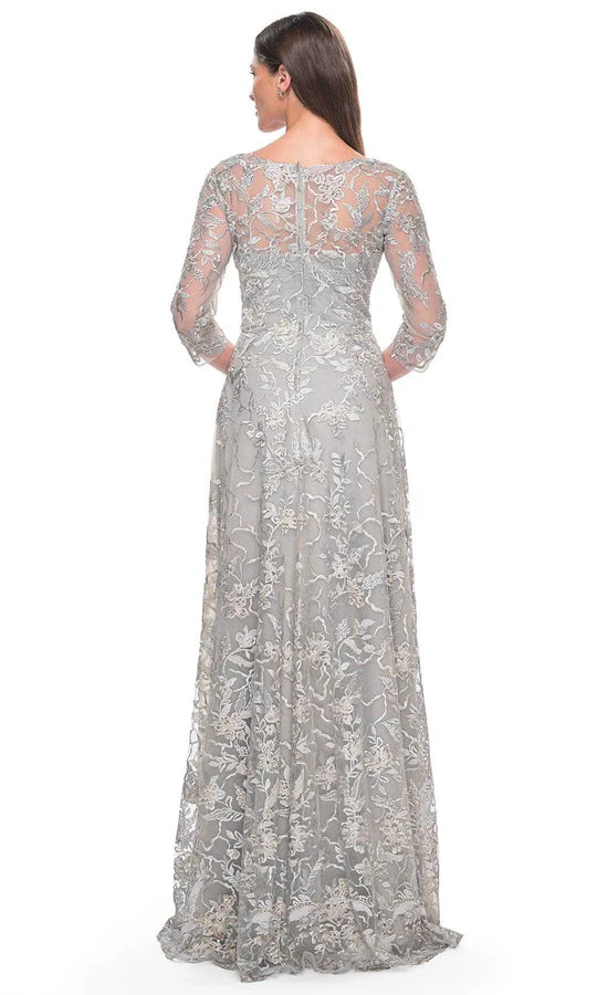 Elegant A-Line Deep-V Three-Quarter-Sleeve Lace-Back Dusty-Grey Floral-Lace Tulle Floor-Length Mother of the Bride Dresses