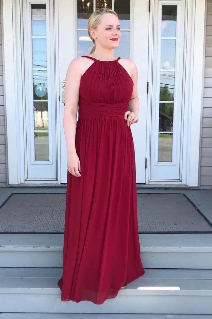 Elegant A-Line Halter-Neck Sleeveless Crisscross-Back Burgundy Chiffon Floor-Length Bridesmaid Dresses