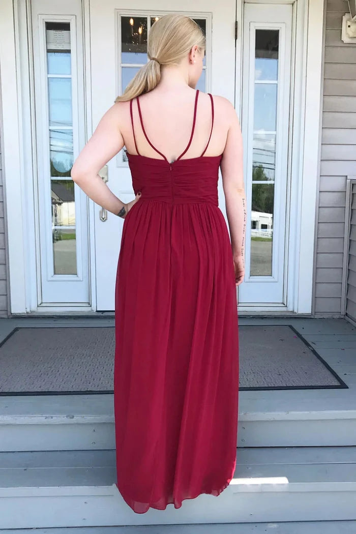 Elegant A-Line Halter-Neck Sleeveless Crisscross-Back Burgundy Chiffon Floor-Length Bridesmaid Dresses