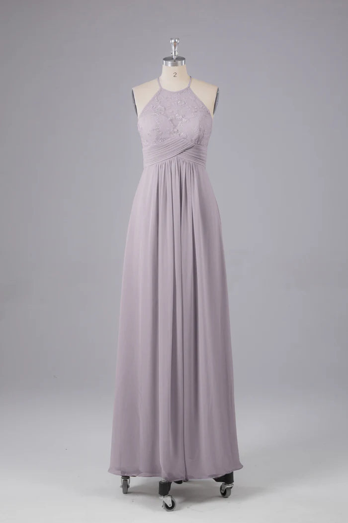 Elegant A-Line Halter-Neck Sleeveless Lace-Cross-Back Dusty Lavender Chiffon Floor-Length Bridesmaid Dresses