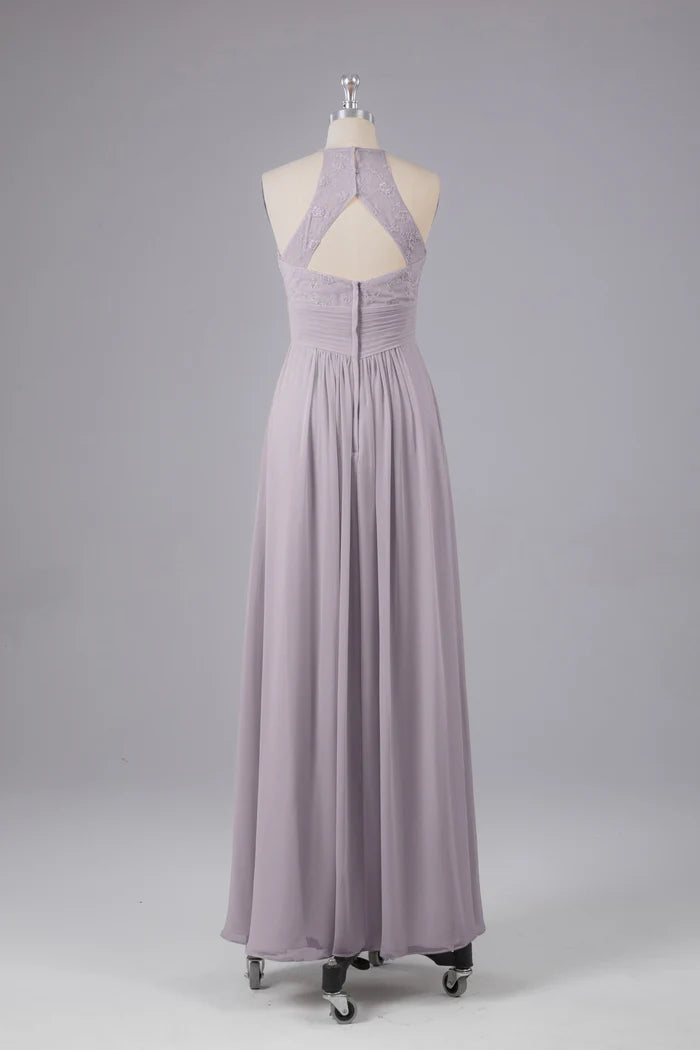 Elegant A-Line Halter-Neck Sleeveless Lace-Cross-Back Dusty Lavender Chiffon Floor-Length Bridesmaid Dresses