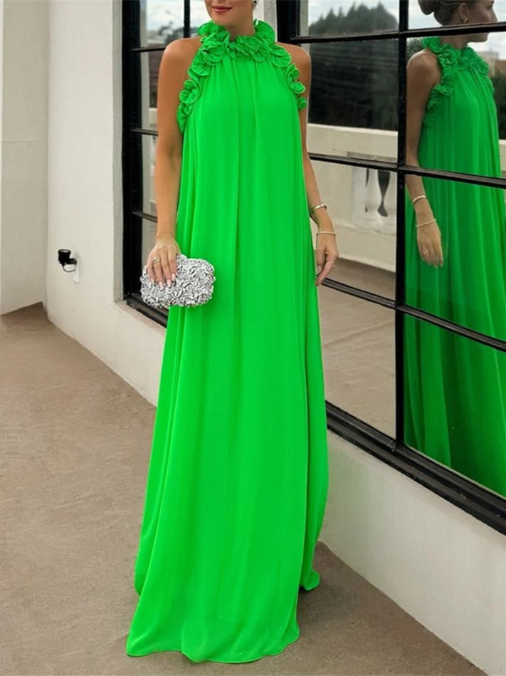 Elegant A - Line Halter Neck Sleeveless Open Back Long Length Prom Dresses