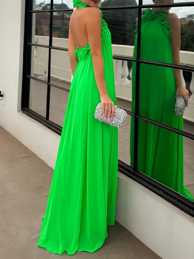 Elegant A - Line Halter Neck Sleeveless Open Back Long Length Prom Dresses