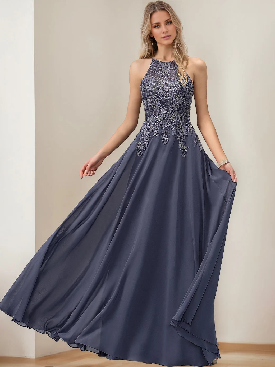 Elegant A - Line Halter Neck Sleeveless Zipper Back Floor - Length Mother of the Bride Dresses