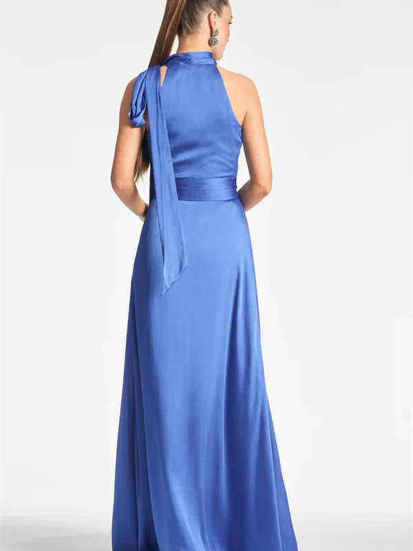 Elegant A - Line Halter Sleeveless Tie - Back Floor - Length Evening Gown