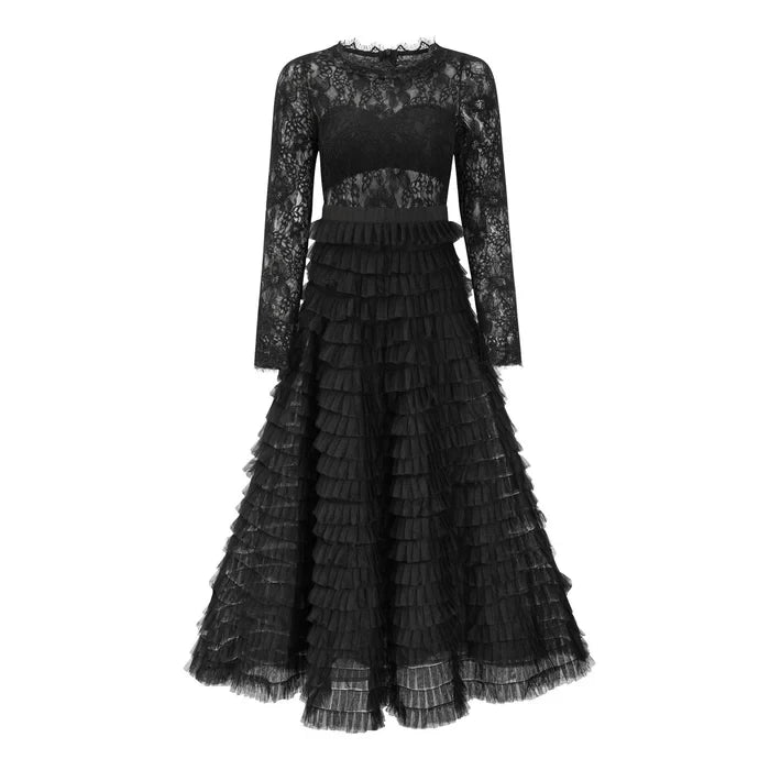 Elegant A - Line High Neck Long Sleeve Zipper Back Midi Length Prom Dresses