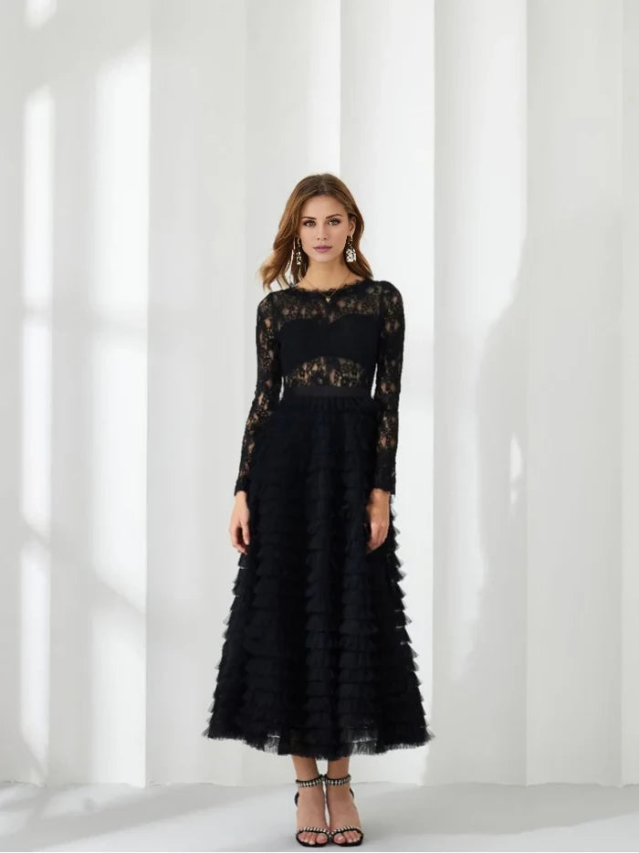 Elegant A - Line High Neck Long Sleeve Zipper Back Midi Length Prom Dresses