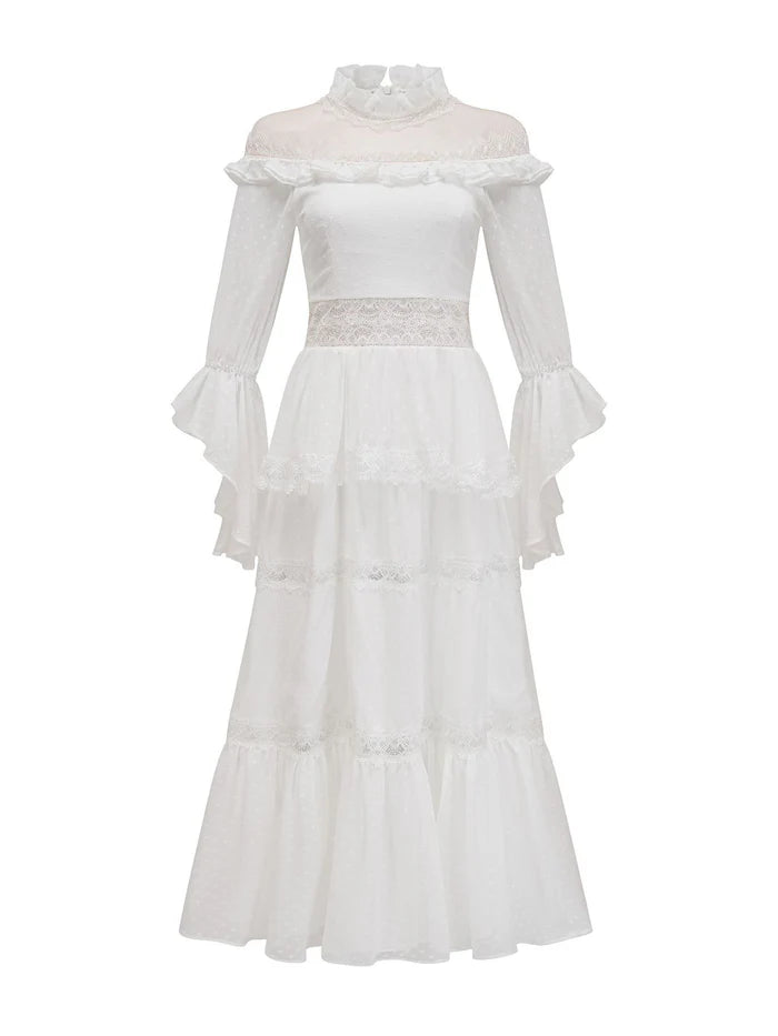 Elegant A - Line High Neck Ruffled Long Sleeve Zipper Back Long Length Prom Dresses