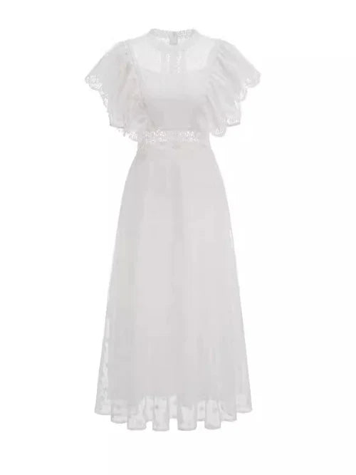 Elegant A - Line High Neck Ruffled Sleeve Zipper Back Midi Length Prom Dresses