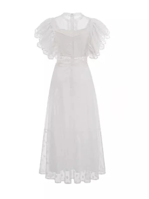Elegant A - Line High Neck Ruffled Sleeve Zipper Back Midi Length Prom Dresses