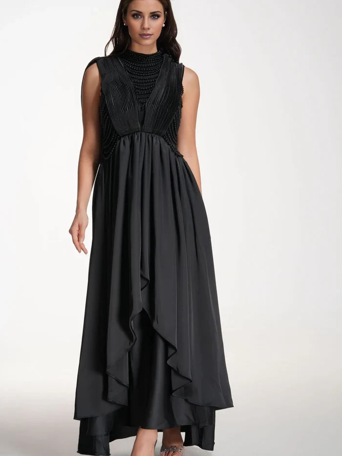 Elegant A - Line High Neck Sleeveless Draped Back Long Length Prom Dresses