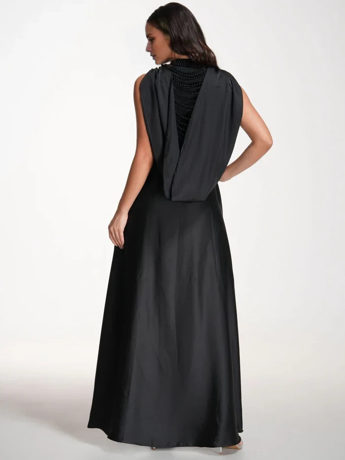 Elegant A - Line High Neck Sleeveless Draped Back Long Length Prom Dresses