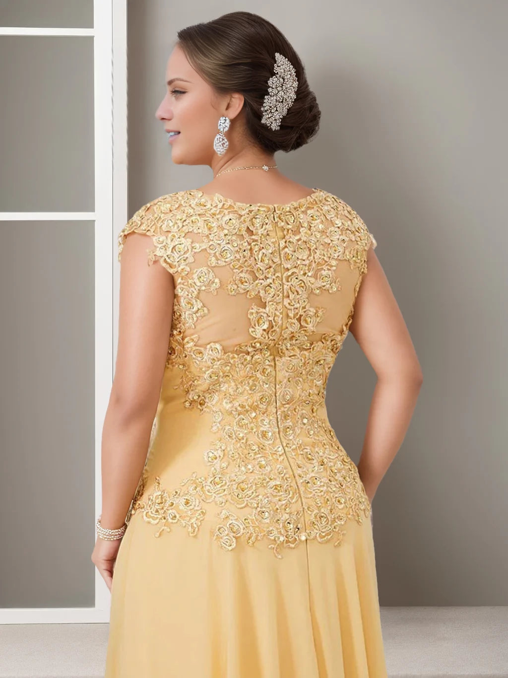 Elegant A - Line Illusion Neck Cap - Sleeve Zipper Back Floor - Length Mother of the Bride Dresses