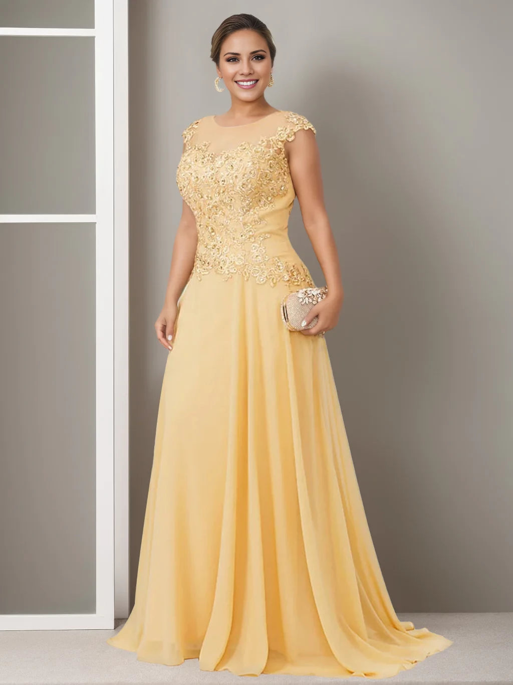 Elegant A - Line Illusion Neck Cap - Sleeve Zipper Back Floor - Length Mother of the Bride Dresses