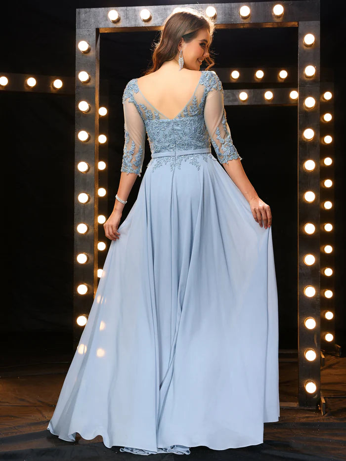 Elegant A-Line Illusion-Neck Lace 3/4-Sleeve V-Back Floor-Length Bridesmaid Dresses