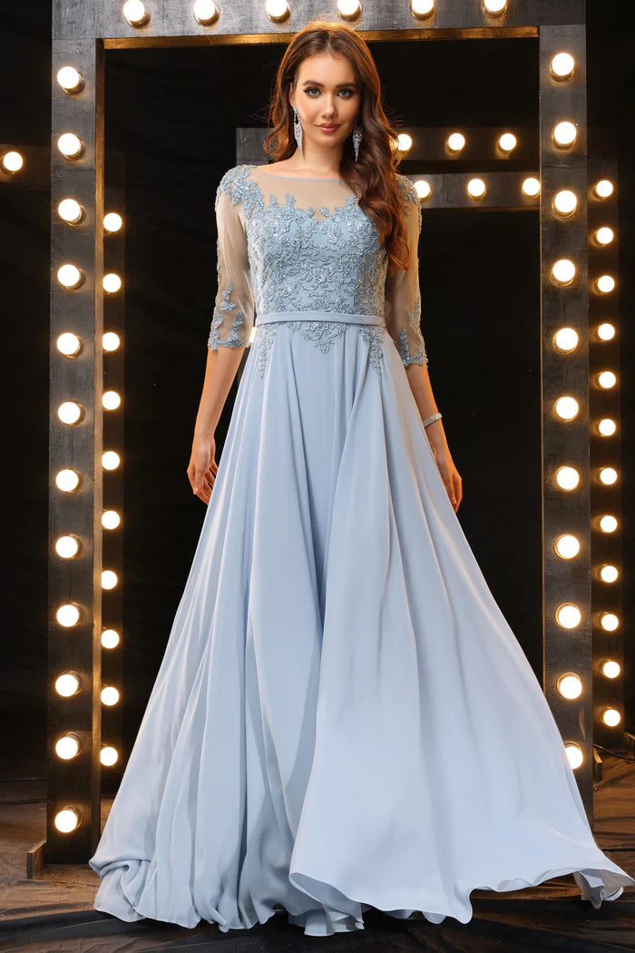 Elegant A-Line Illusion-Neck Lace 3/4-Sleeve V-Back Floor-Length Bridesmaid Dresses
