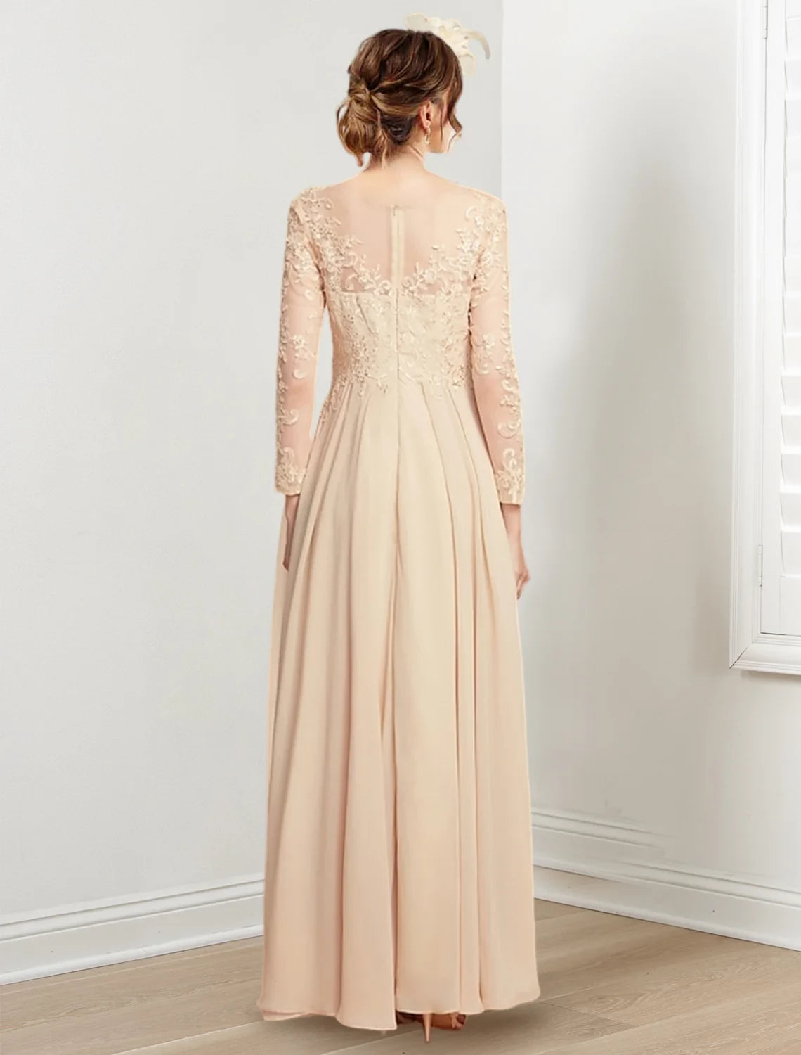 Elegant A - Line Illusion Neck Long Sleeve Zipper Back Floor - Length Mother of the Bride Dresses