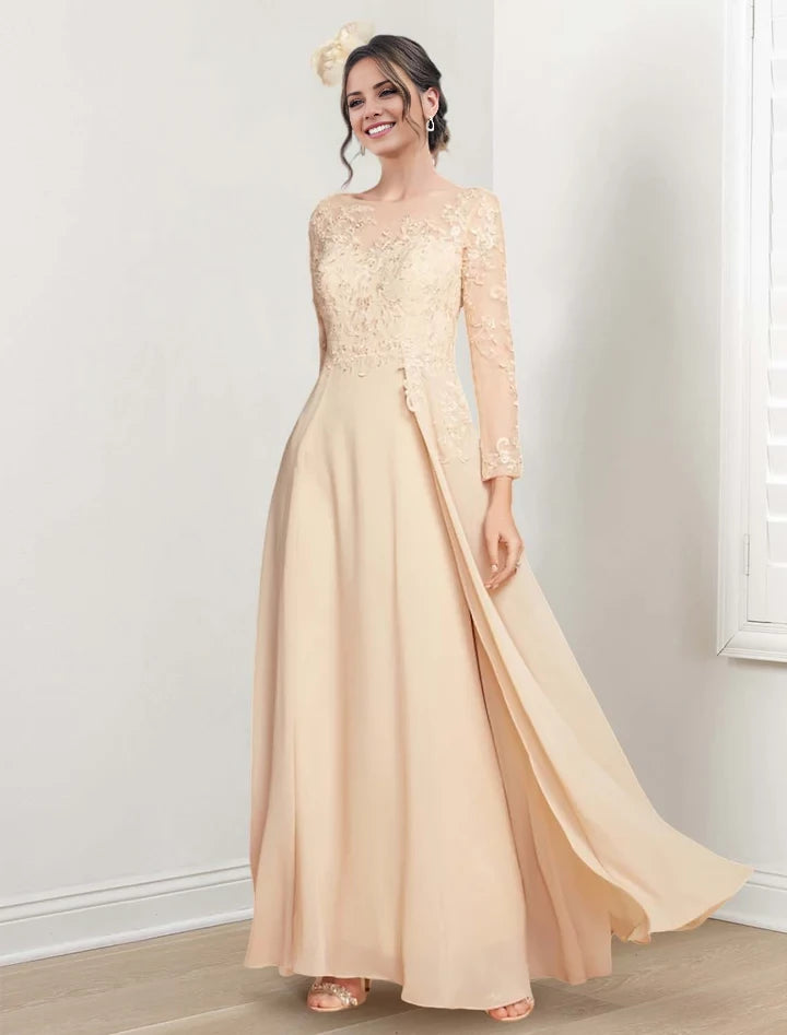 Elegant A - Line Illusion Neck Long Sleeve Zipper Back Floor - Length Mother of the Bride Dresses