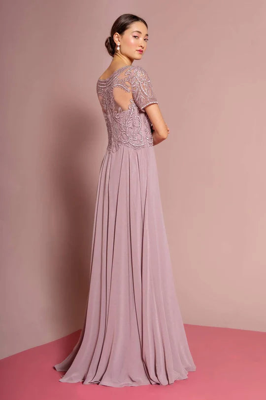 Elegant A-Line Illusion-Neck Short-Sleeve Sheer-Back Dusty Lavender Beaded-Chiffon Floor-Length Mother of the Bride Dresses