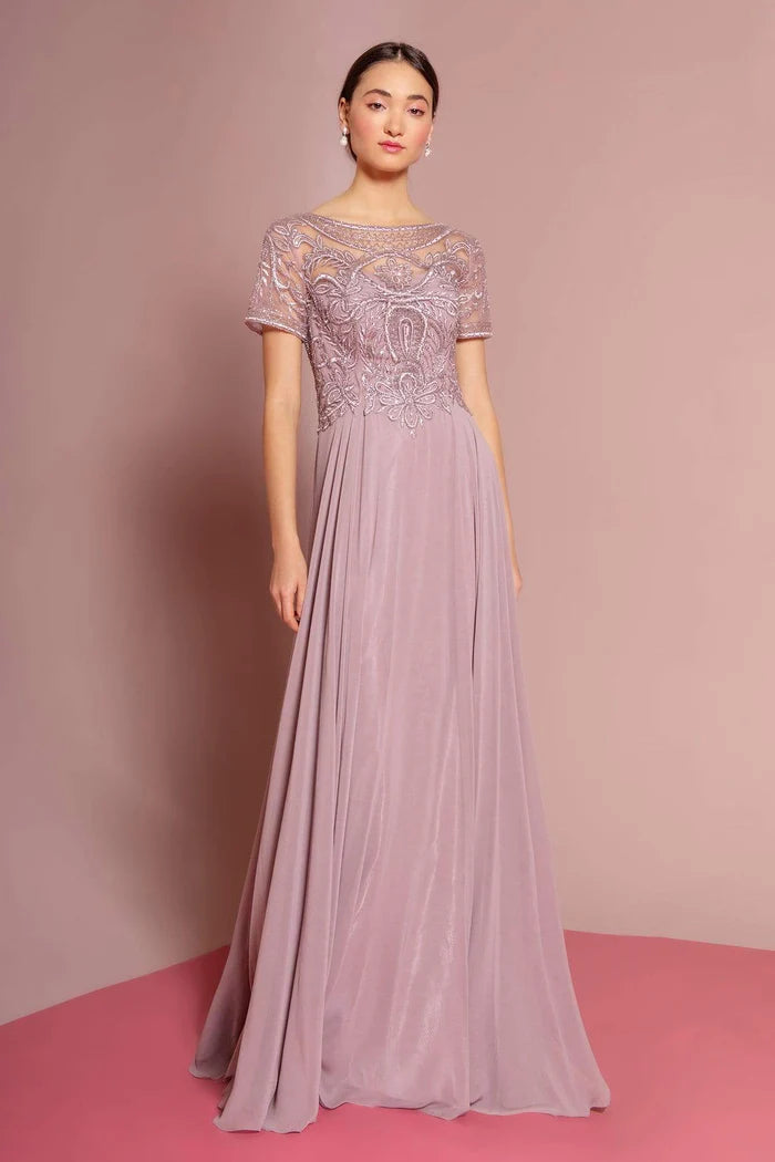 Elegant A-Line Illusion-Neck Short-Sleeve Sheer-Back Dusty Lavender Beaded-Chiffon Floor-Length Mother of the Bride Dresses
