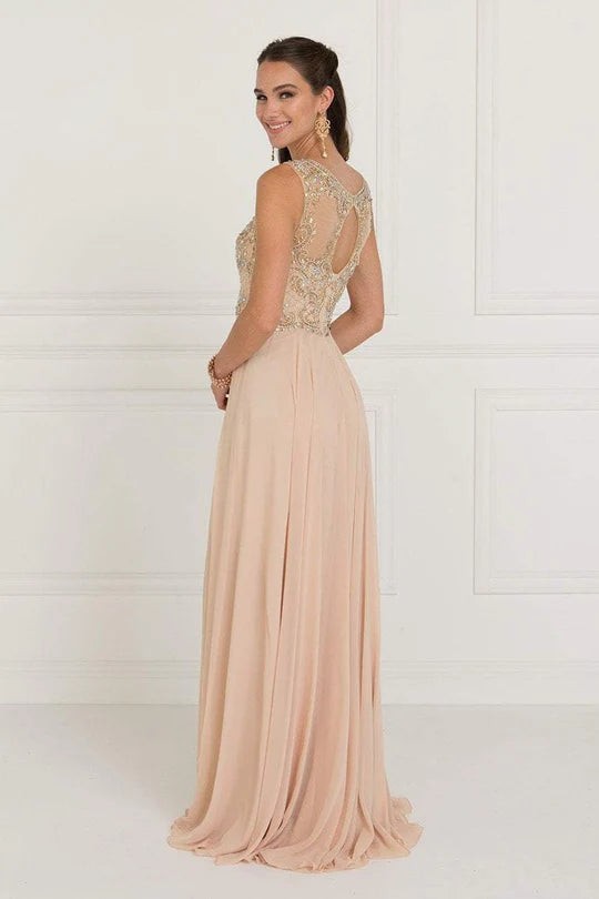 Elegant A-Line Illusion-Neck Sleeveless Cut-Out-Back Champagne Embellished-Chiffon Floor-Length Mother of the Bride Dresses