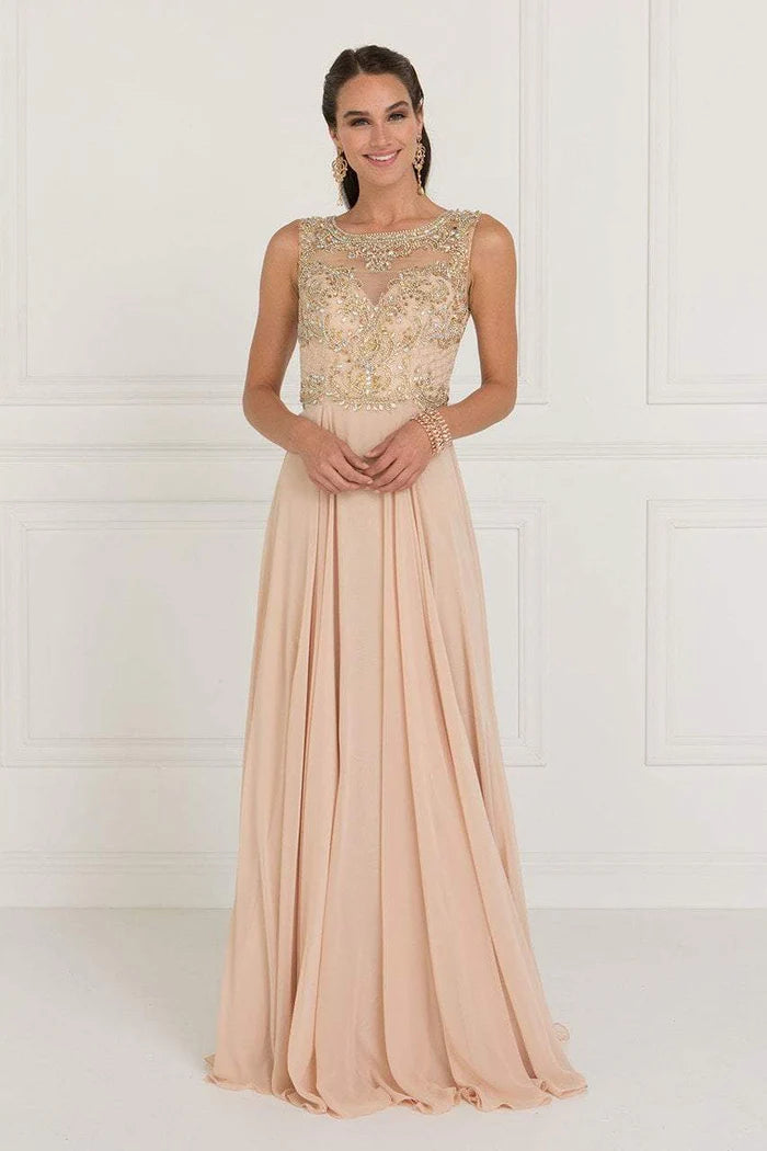 Elegant A-Line Illusion-Neck Sleeveless Cut-Out-Back Champagne Embellished-Chiffon Floor-Length Mother of the Bride Dresses