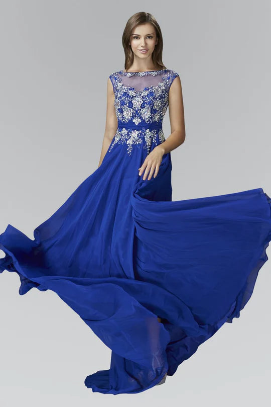 Elegant A-Line Illusion-Neck Sleeveless Keyhole-Back Royal Blue Beaded-Chiffon Floor-Length Mother of the Bride Dresses