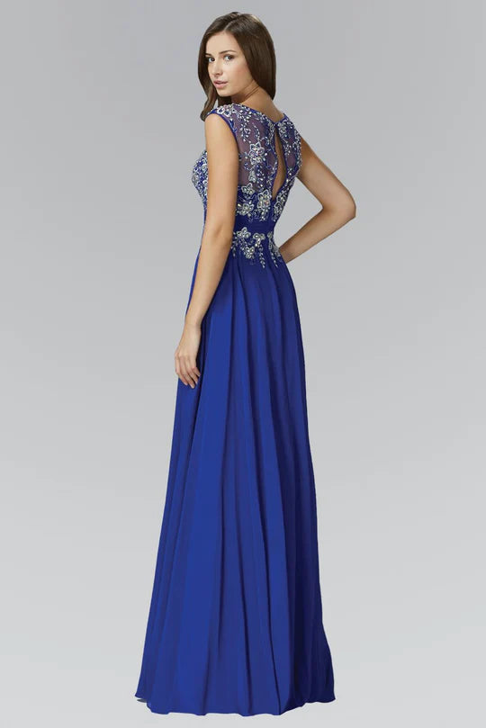 Elegant A-Line Illusion-Neck Sleeveless Keyhole-Back Royal Blue Beaded-Chiffon Floor-Length Mother of the Bride Dresses