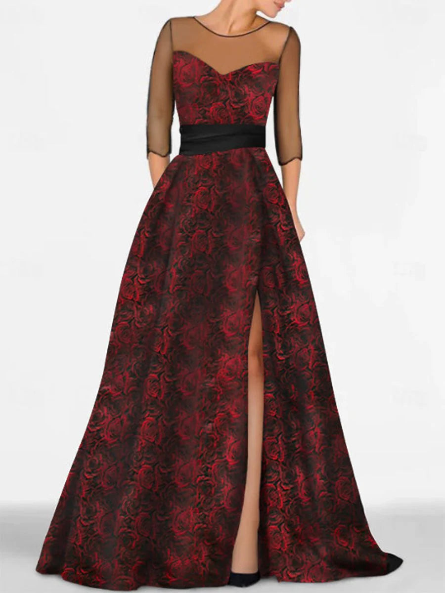 Elegant A - Line Illusion Neck Three - Quarter Sleeve Zipper Back Floor - Length Mother of the Bride Dresses