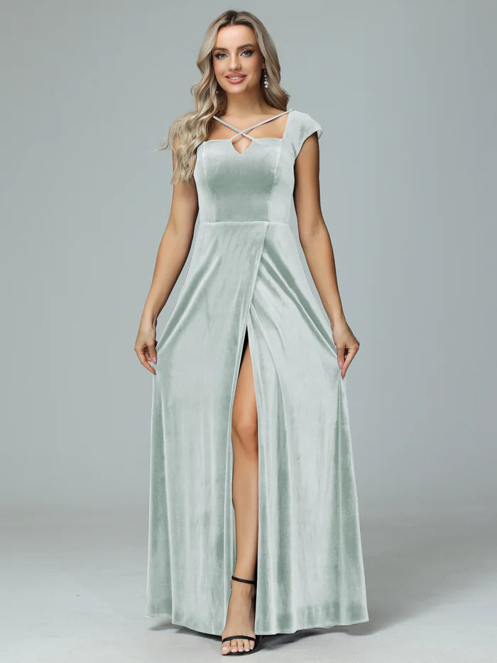 Elegant A-Line Keyhole-Neck Cap-Sleeve Cross-Back Velvet Floor-Length Bridesmaid Dresses