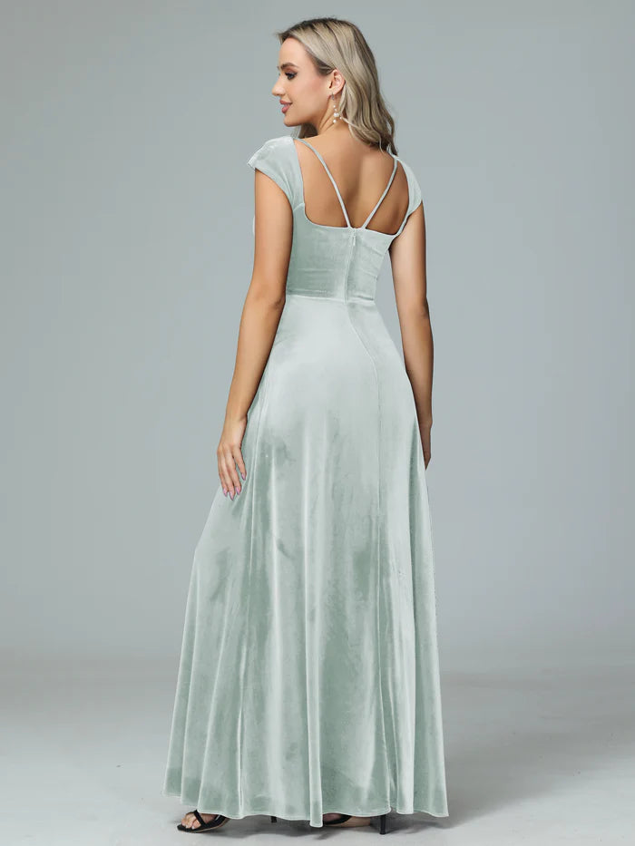 Elegant A-Line Keyhole-Neck Cap-Sleeve Cross-Back Velvet Floor-Length Bridesmaid Dresses
