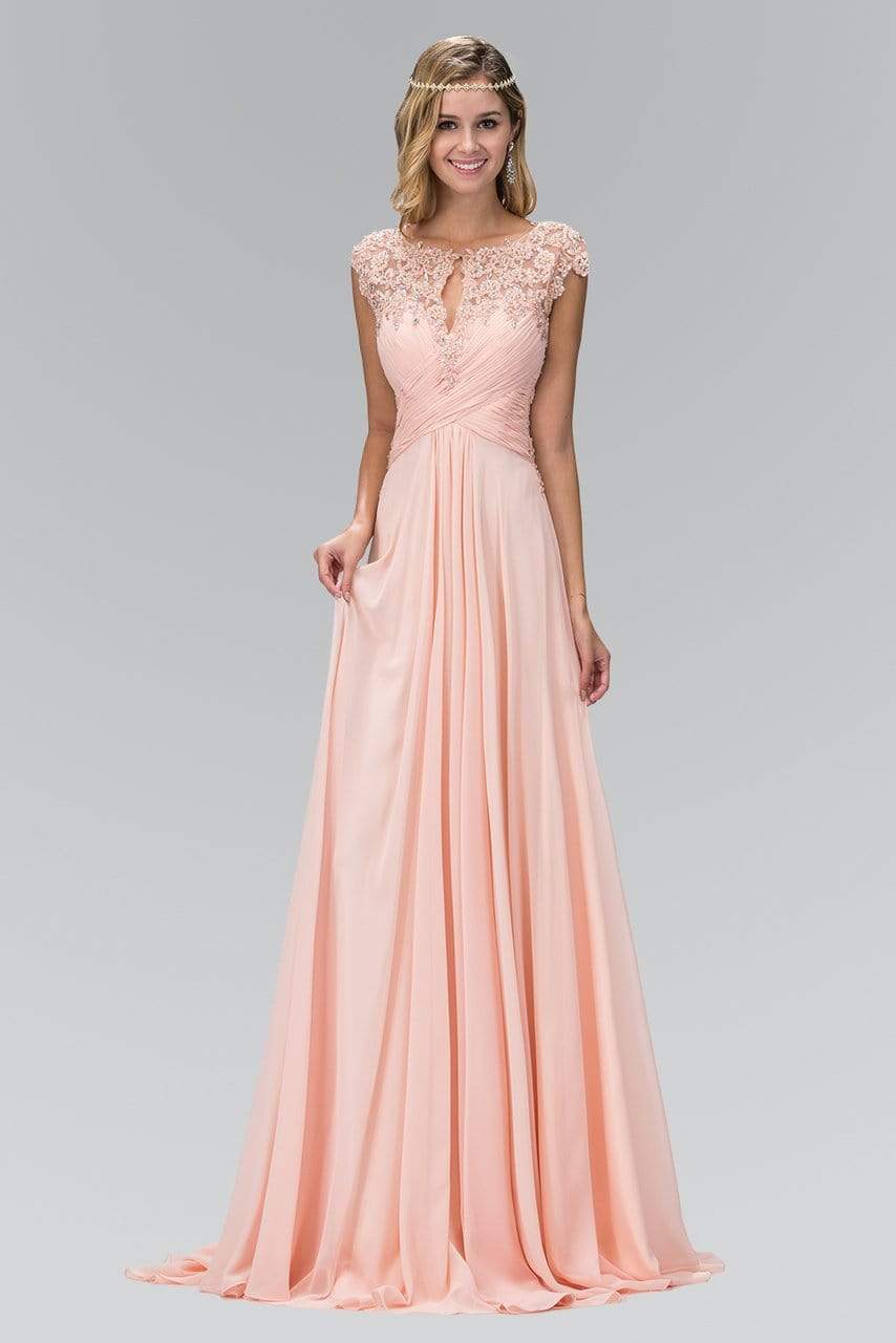 Elegant A-Line Keyhole-Neck Cap-Sleeve Lace-Back Blush Floral-Lace Chiffon Train Floor-Length Mother of the Bride Dresses