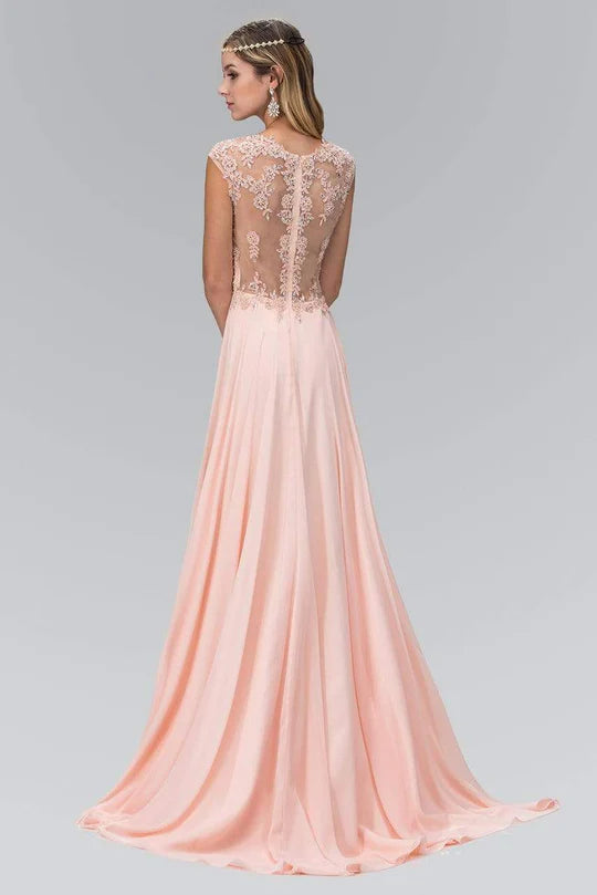 Elegant A-Line Keyhole-Neck Cap-Sleeve Lace-Back Blush Floral-Lace Chiffon Train Floor-Length Mother of the Bride Dresses
