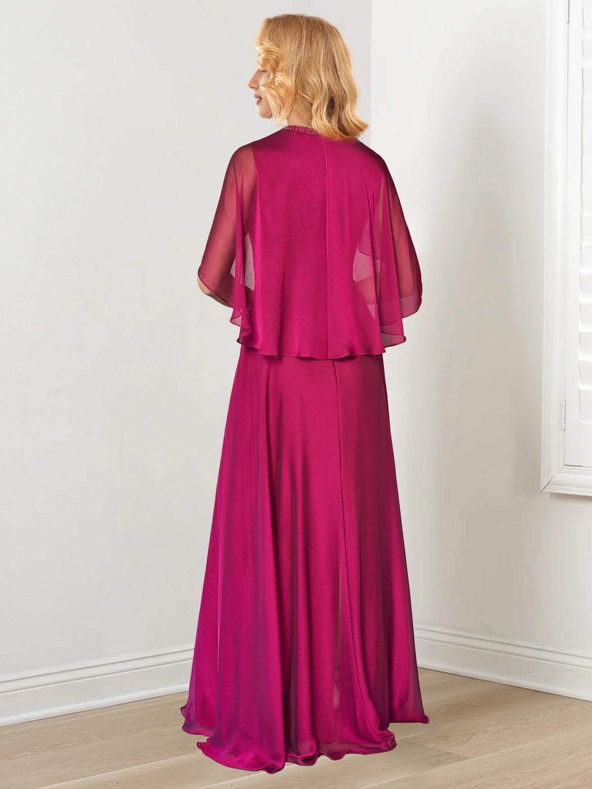 Elegant A - Line Keyhole Neck Cape Sleeve Zipper Back Floor - Length Mother of the Bride Dresses