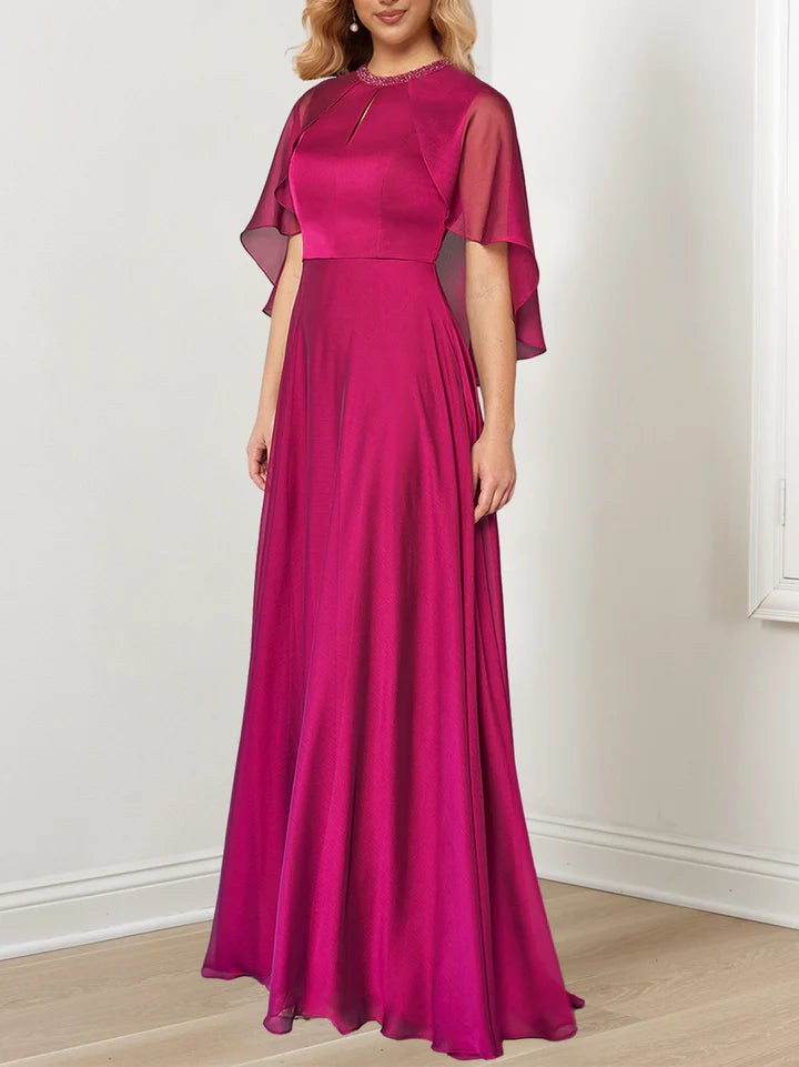 Elegant A - Line Keyhole Neck Cape Sleeve Zipper Back Floor - Length Mother of the Bride Dresses