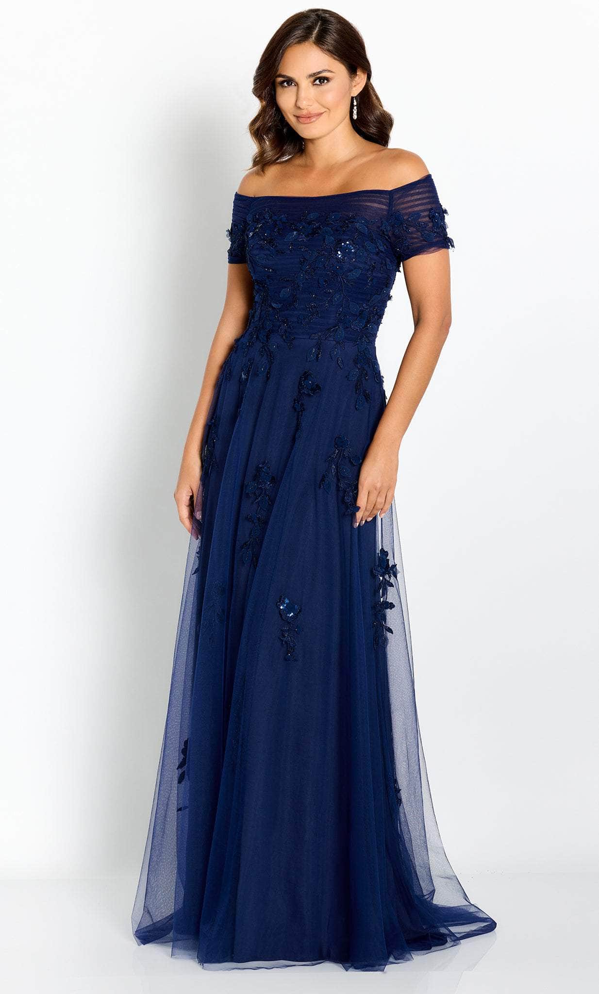 Elegant A-Line Off-Shoulder Cap-Sleeve Cutout-Back Navy Tulle Floor-Length Mother of the Bride Dresses