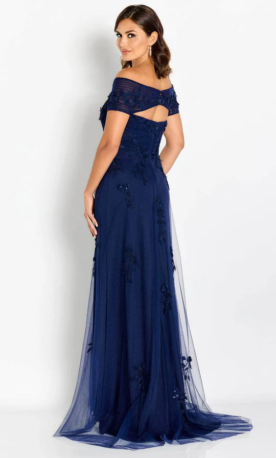 Elegant A-Line Off-Shoulder Cap-Sleeve Cutout-Back Navy Tulle Floor-Length Mother of the Bride Dresses