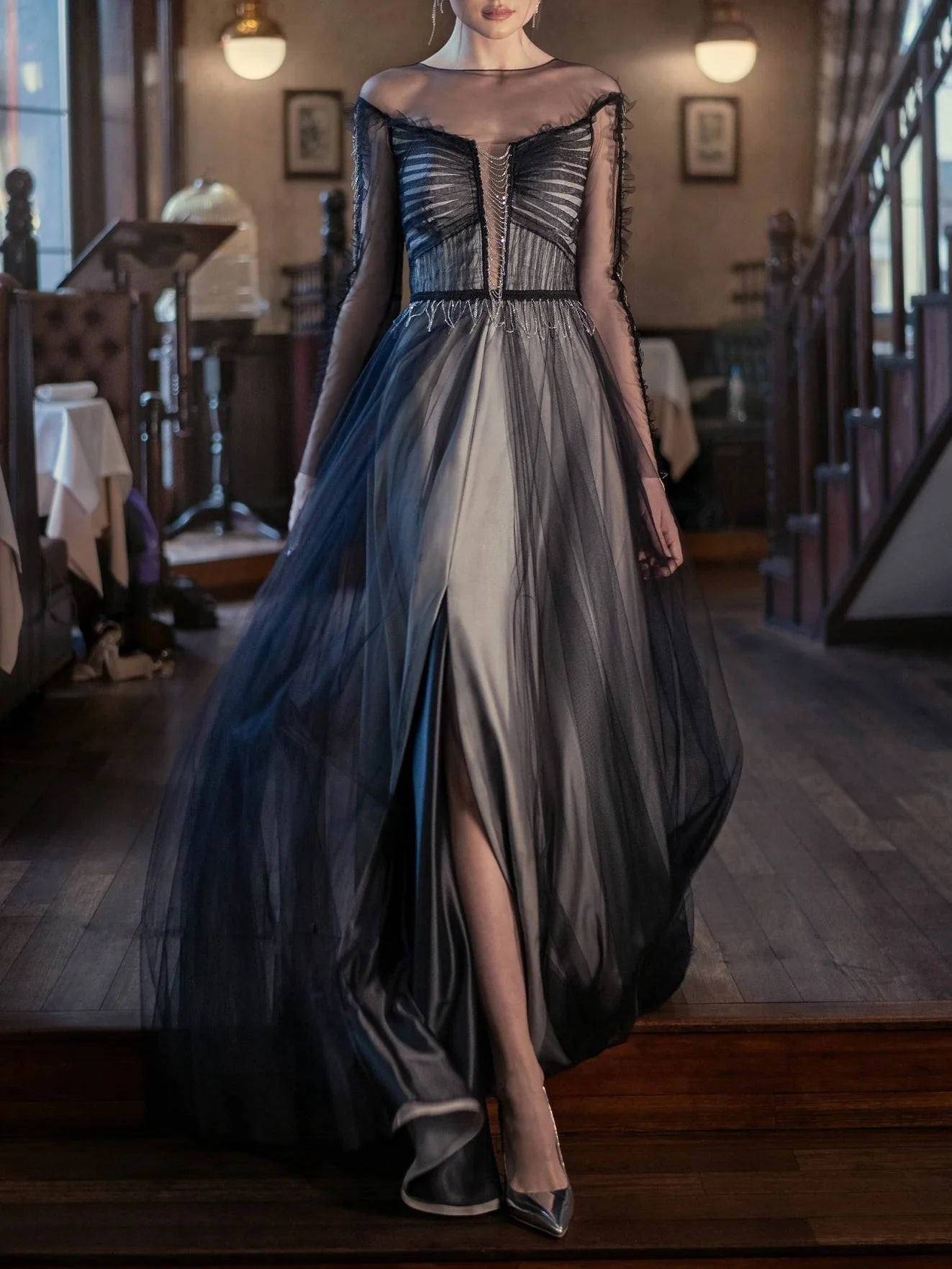 Elegant A - Line Off - Shoulder Long Sleeve Sheer Back Long Length Prom Dresses