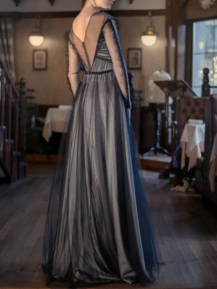 Elegant A - Line Off - Shoulder Long Sleeve Sheer Back Long Length Prom Dresses