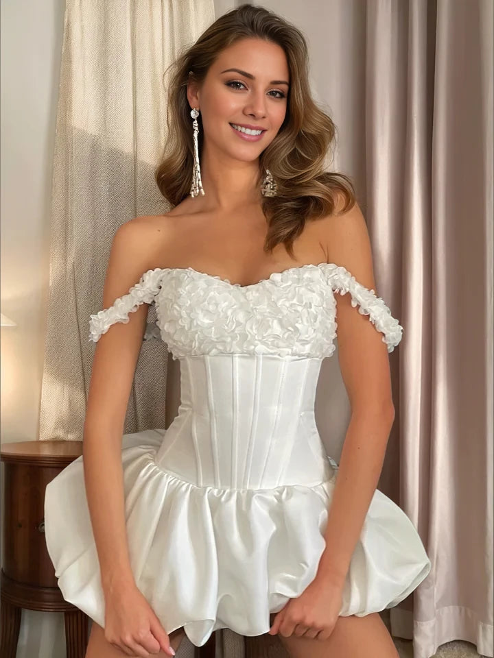 Elegant A - Line Off - Shoulder Ruffle Sleeve Zipper Back Mini Length Homecoming Dresses