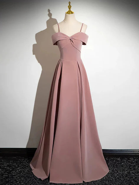 Elegant A-Line Off-Shoulder Satin Bow-Accent Lace-Up Back Floor-Length Evening Dresses