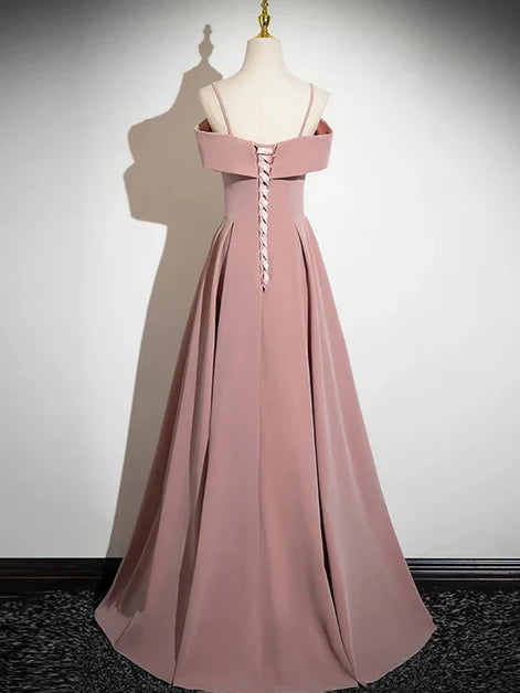 Elegant A-Line Off-Shoulder Satin Bow-Accent Lace-Up Back Floor-Length Evening Dresses