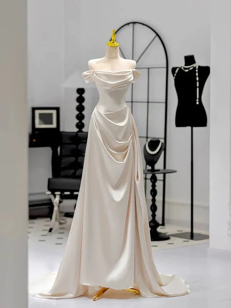 Elegant A-Line Off-Shoulder Satin Draped Back-Zip Train Length Evening Dresses