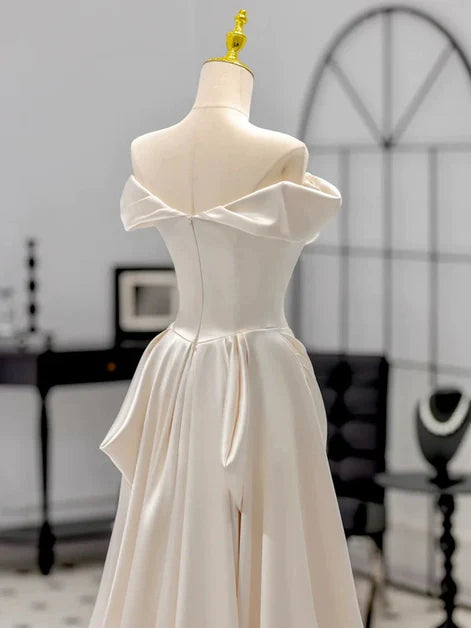 Elegant A-Line Off-Shoulder Satin Draped Back-Zip Train Length Evening Dresses