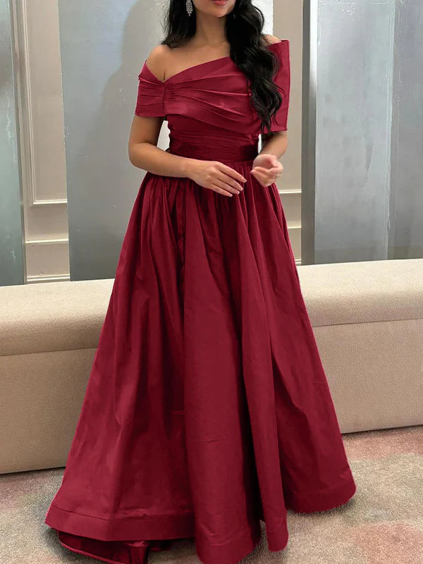 Elegant A - Line Off - Shoulder Short - Sleeve Open - Back Floor - Length Evening Dress