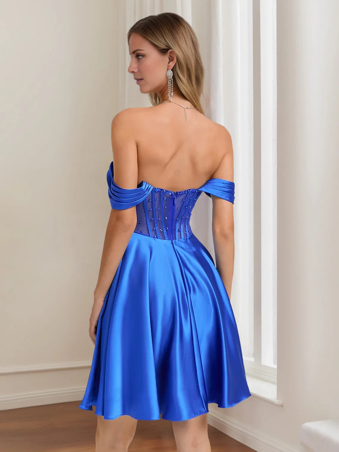 Elegant A - Line Off - Shoulder Short Sleeve Open Back Mini Length Homecoming Dresses