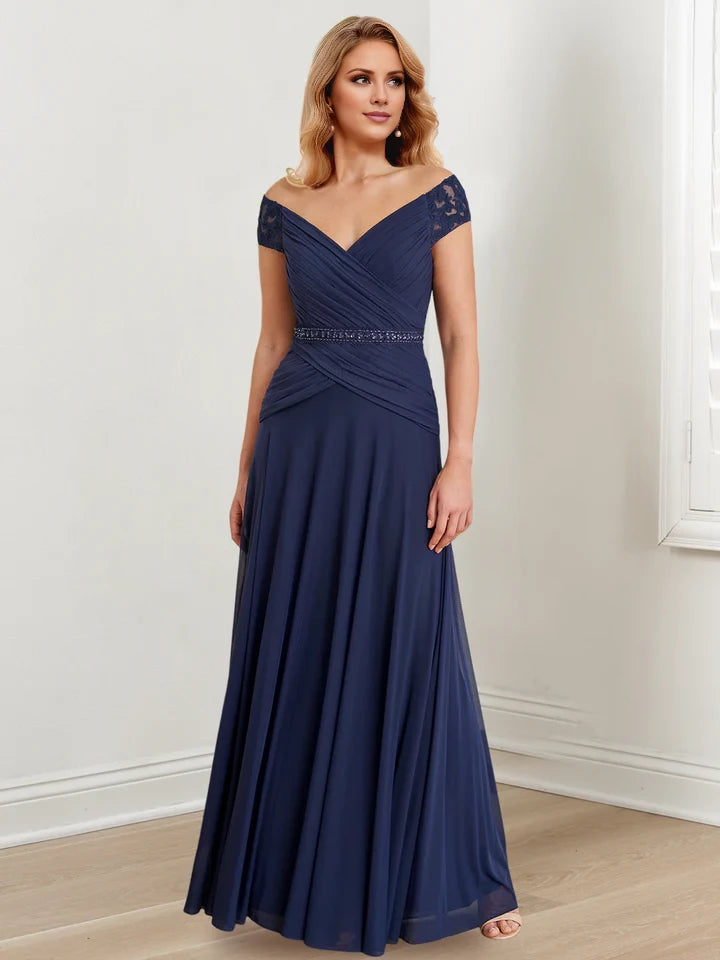 Elegant A - Line Off - Shoulder Short Sleeve Zipper Back Floor - Length Mother of the Bride Dresses