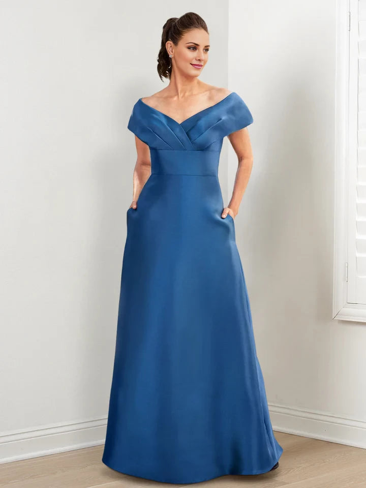 Elegant A - Line Off - Shoulder Short Sleeve Zipper Back Floor - Length Mother of the Bride Dresses
