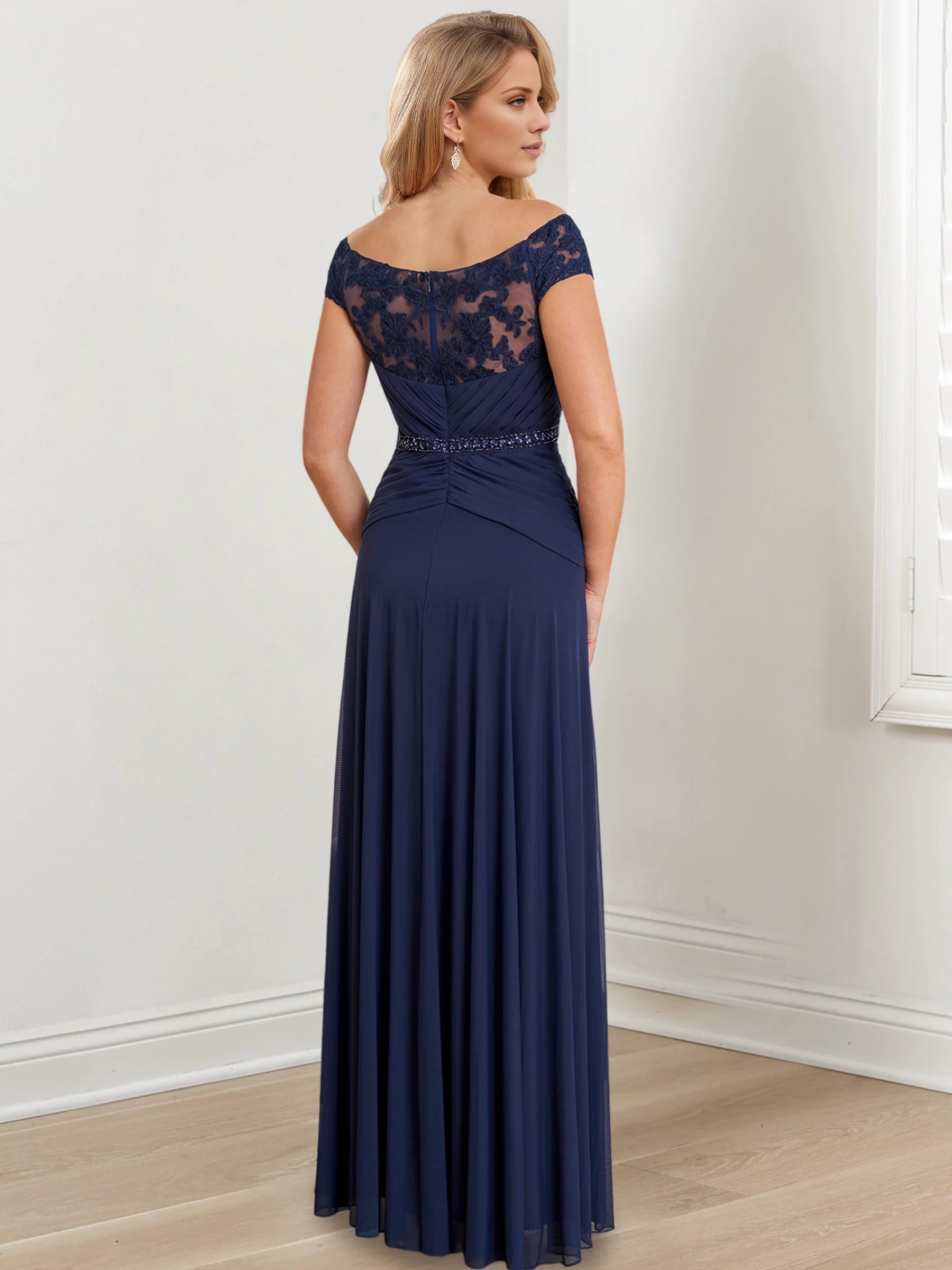 Elegant A - Line Off - Shoulder Short Sleeve Zipper Back Floor - Length Mother of the Bride Dresses